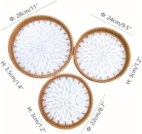 i-lan Set of 3 Rattan and Mother of Pearl Round Serving Trays,3pcs Desk Table Serving Platters,Woven Basket Inlaid Mother of Pearl Plates for Home Décor, Coffee Table,Display - Image 2