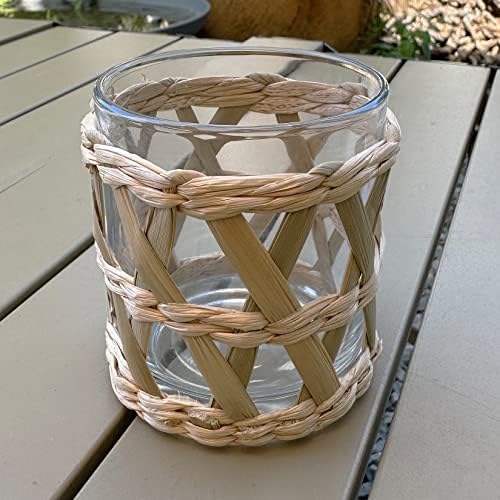 Pack 4 Woven Rattan Tealight Candle Holder Candle Lantern, Coastal Tropical Boho Glass Tea Light Holder Votive Candle Holders, Natural Seagrass Hand Woven Votive Candle Holder - Image 4