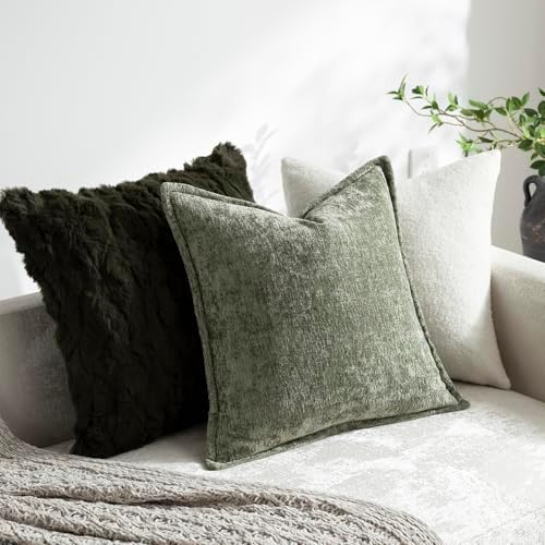 DEZENE Pack of 2 Sage Green Christmas Euro Shams Pillow Covers 26x26 Cozy Soft Chenille Decorative Throw Pillow Covers Accent Vintage Square Couch Pillow Covers for Home Decor Bed Sofa Living Room - Image 4