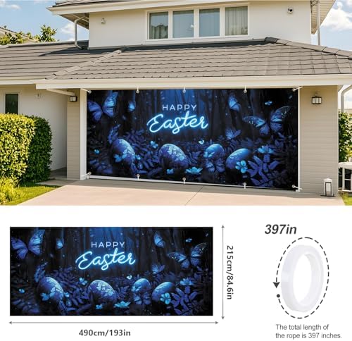 Happy Easter Glowing Garage Door Banner 7x16FT, Neon Happy Easter Garage Door Cover with Blue Butterflies and Easter Eggs, Spring Holiday Decoration for Yard and Garage - Image 3