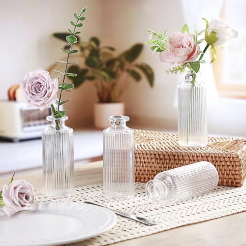 Honeydak Set of 24 Plastic Mini Bud Vases, Vintage Clear Decorative Vases Bulk for Table Centerpieces, Wedding Reception, Baby Shower, Home Decor, Housewarming Gift(Striped) by Honeydak