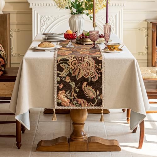 Floral Embroidered Table Runner 90 Inches Long Non-Slip Chenille, Brown - Image 5