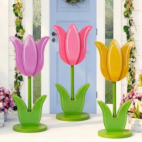 3 Pcs Large Spring Porch Decorations Wooden Tulip Yard Signs Outdoor Spring Decorations Tulip Flower Block Sign for Holiday Front Home Door Outdoor, 15.75 Inch by Vercraft