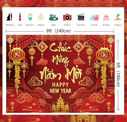 2026 Happy Vietnamese New Year Backdrop 8x6FT Vietnamese Lunar New Year Photography Background 2026 TET Decorations Kids Family Photoshoot Studio Props - Image 6