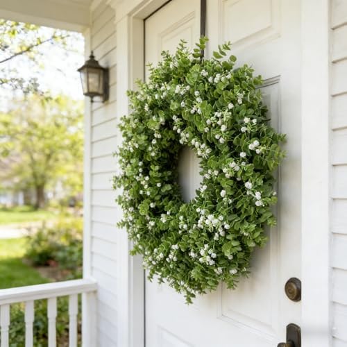 Artificial Boxwood Wreath for Front Door, Farmhouse Year Round Greenery Wreath, Indoor Outdoor with Hanging Tag and Scarf DIY Decor, All Seasons Holiday Decoration (24Inch) - Image 5