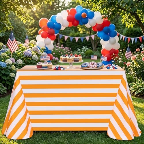 Fanqisi 2 Packs Tangerine Striped Tablecloth 57 x 120 Inch Waterproof Table Cloth Rectangle Table Cover for Birthday Baby Shower Wedding Outdoor Summer Party Decoration - Image 6