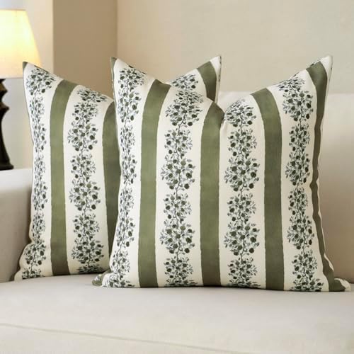 DOMVITUS Floral Throw Pillow Covers 24x24 Inch Set of 2, Block Print Decorative Pillow Covers Vintage Striped Neutral Farmhouse Boho Home Decor for Couch Sofa Bed Living Room, Green by Domvitus