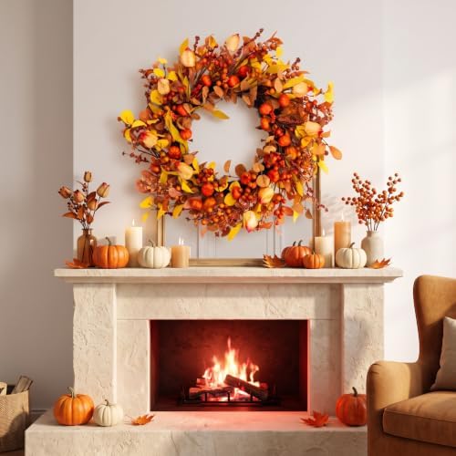 26" Fall Wreath for Front Door Pumpkin Artificial Wall Decor Autumn - Image 5