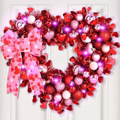 Waipfaru 14.2'' Valentines Day Wreath, Heart Wreaths for Front Door, Red Pink White Valentine Wreath Decorations with Bowknot Lights for Valentine's Home Wedding Party Wall Window Gifts Decor by Waipfaru
