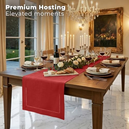 Signature Linen™ by D'Moksha, Bright Red Table Runner 48 Inches, 100% Pure Linen, Hemstitch, Coffee Table Runner, 14 x 48 Inch for Dresser Tables- Fall, Weddings, Outdoor Hosting - Image 4