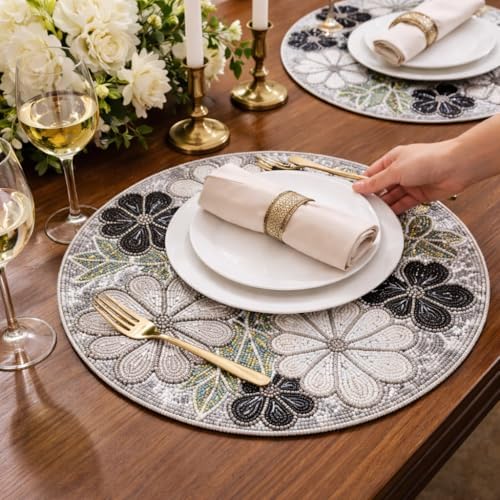 Beaded Round Placemats for Dining Table Flowe Design Silver Multi Set of 2-13 Inches Round for Gathering, Christmas, Thanksgiving - Occasional Decoration - Image 3