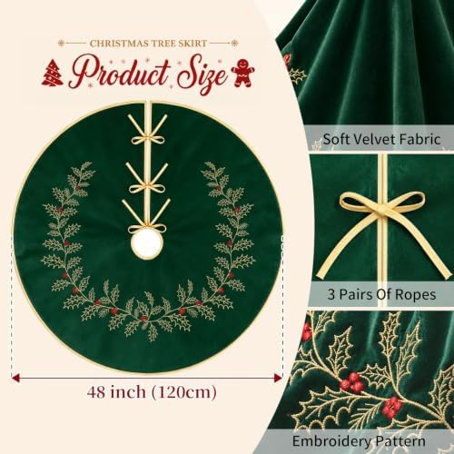 Christmas Tree Skirt Embroidered Holly Leaves, 48" Green Velvet Home Decor - Image 4
