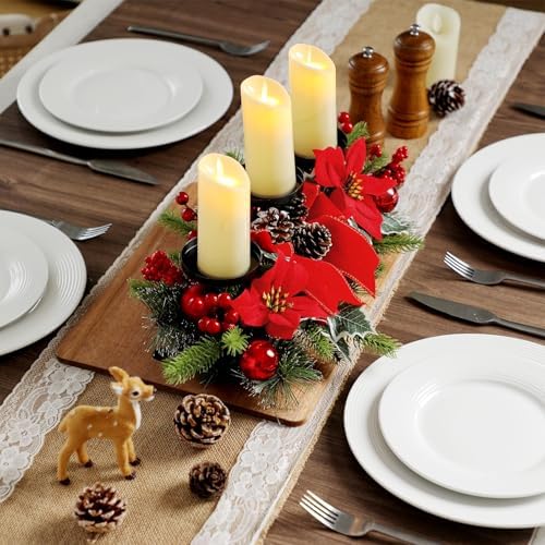 Christmas Centerpiece with 3 Candle Holders 3 LED Candles 1 String Lights Xmas Triple Candelabrum Poinsettia Red Buffalo Plaid Bow Berry Pine Cones with 3 Candle Holders for Tables Home Decorations - Image 5