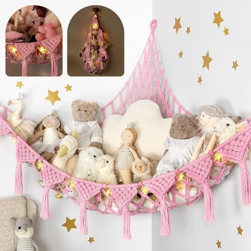 TIDYTEDS Stuffed Animal Hammock Corner | Sturdy Handcrafted Stuffed Animal Net | 4mm Double Macrame Cord Stuffed Animal Holder | Natural 100% Cotton Plushie Net | Toy Hammock w/LED Light (Pink) by TIDYTEDS