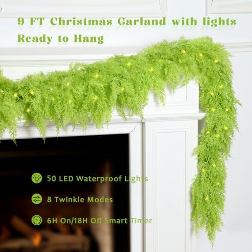 9FT Whimsical Christmas Cedar Garland for Mantel, Soft Touch with Lights - Image 2