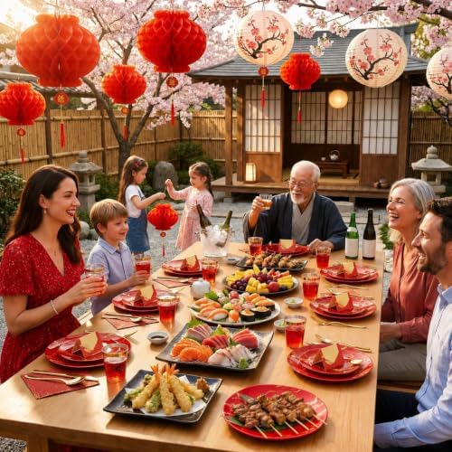 N9R 225PCS Red Gold Plastic Plates, Disposable Dinnerware Set hibachi Party - Image 3