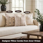 Amor Virisso Floral Throw Pillow Covers 24x24 Set of 2 Block Print Pillow Covers Neutral Floral Striped Farmhouse Decorative Pillow Covers for Sofa Couch Bed, Brown - Image 4