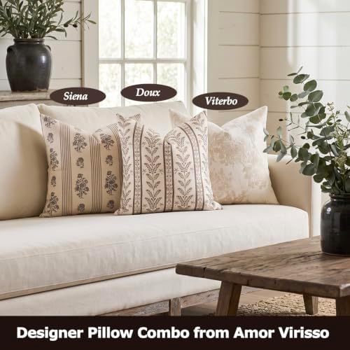 Amor Virisso Floral Throw Pillow Covers 24x24 Set of 2 Block Print Pillow Covers Neutral Floral Striped Farmhouse Decorative Pillow Covers for Sofa Couch Bed, Brown - Image 4