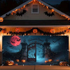 7x16ft Scary Halloween Garage Door Cover for Double Car Full Blood Moon Bats Iron Gate Haunted House Halloween Garage Door Banner Backdrop for Photography for Outdoor Party Decorations - Image 4