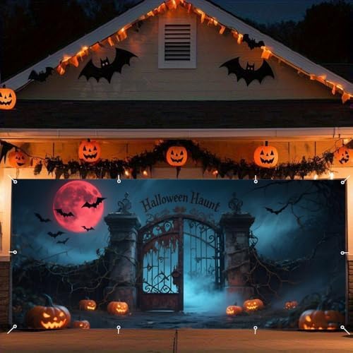 7x16ft Scary Halloween Garage Door Cover for Double Car Full Blood Moon Bats Iron Gate Haunted House Halloween Garage Door Banner Backdrop for Photography for Outdoor Party Decorations - Image 4