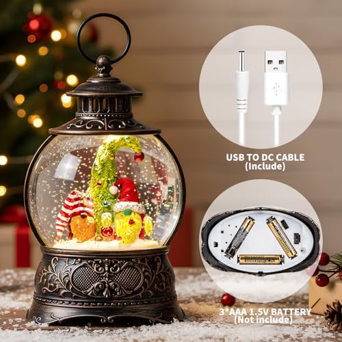 Christmas Snow Globe Lighted Gnomes Santa Elf Whimsical Christmas Tree Scene, Musical Snow Water Lantern Swirling Glittering Home Decoration and Gift, Battery Operated or USB Powered - Image 4