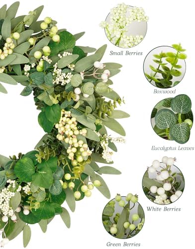 Vlorart 22 Inch Artificial Spring Summer Christmas Greenery Wreaths for Front Door Green Eucalyptus Leaf Wreath Decor Boxwood with Big Berries for Outside Year Round - Image 4