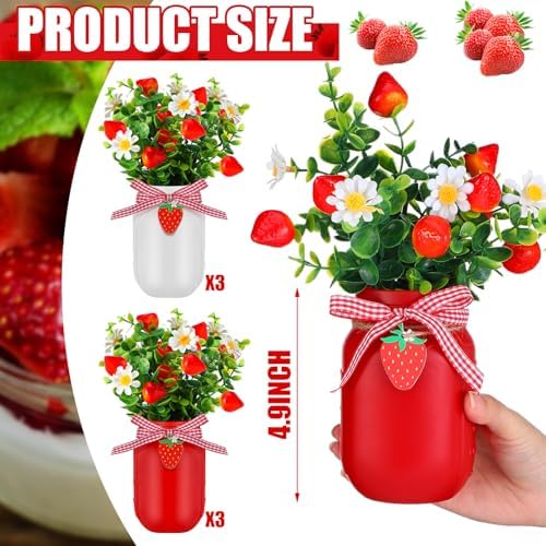 Lyrow 6 Pack Strawberry Mason Jar Table Centerpiece Faux Strawberry Christmas Mason Jar Winter Centerpiece for Table Farmhouse Decoration for Xmas Home Tiered Kitchen Tray Decoration - Image 2