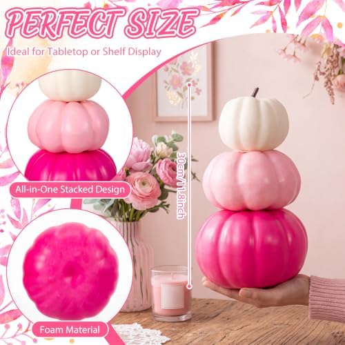 Marsui 2 Set 11.8'' Pink Stacked Pumpkins Breast Cancer Awareness Decor - Image 2