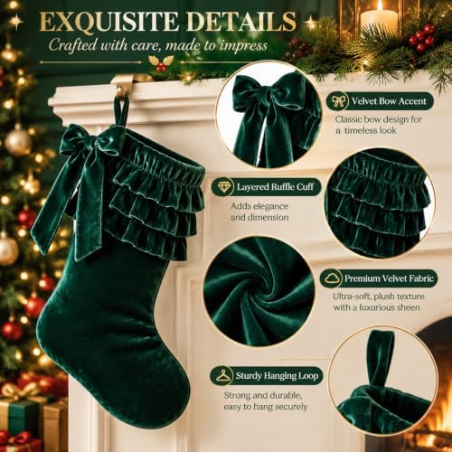 Thenshop 4 Pairs Christmas Hunter Green Velvet Bow Stockings - Image 3