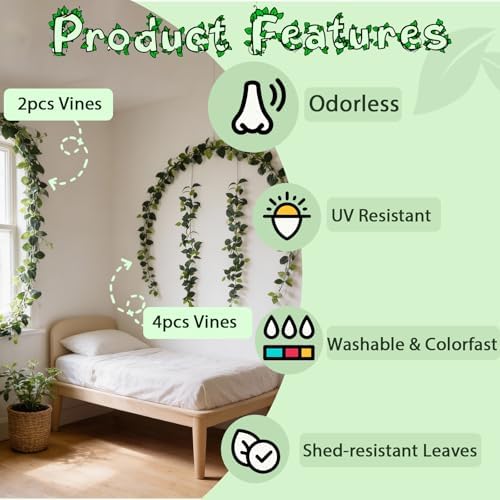 ucky 4Pack Total 24FT Green Fake Vines Ivy Leaves Vines for Bedroom Greenery Garland Fake Leaves Leaf Wall Decor Faux Hanging Vines Plants Outdoor Garland - Image 4