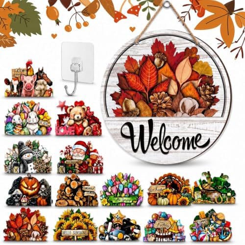 16 PCS Interchangeable Welcome Sign for Front Door, 11.8'' Magnetic Welcome Sign for Front Door with 16 Magnetic Icons, One Sign for Every Season for Home House Warming Gifts，1PC by Unknown