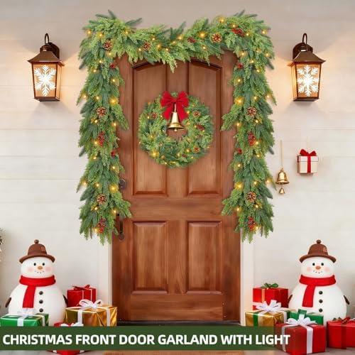 Thicker&Timer -6 Ft by 12 in Lighted Christmas Garland Real Touch Cedar Garland, Pre-Lit Lush Christmas Norfolk Pine Garlands Cypress Norfolk PE Tips Pine Cones Berries for Indoor Mantle Table Decor - Image 5