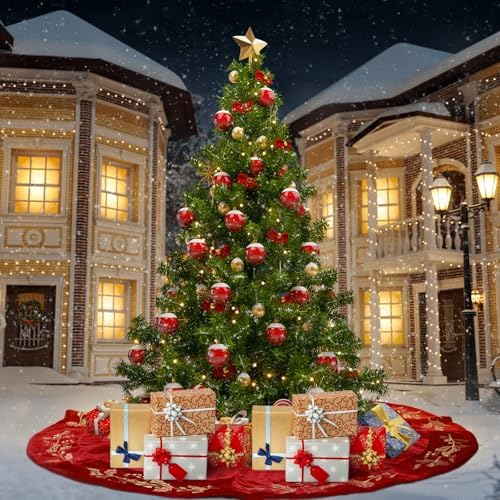 72 Inch Christmas Tree Skirt Velvet Xmas Tree Skirt with Gold Embroidery Holly Leaf Decorations for Christmas Party Favors Holiday New Year Decor (Red) - Image 4