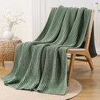 Sage Green Waffle Knit Throw Blanket for Couch, Chenille Blanket 60x80 in - Image 3