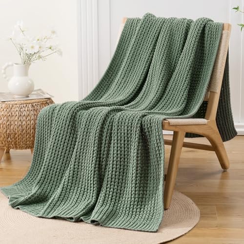Sage Green Waffle Knit Throw Blanket for Couch, Chenille Blanket 60x80 in - Image 3