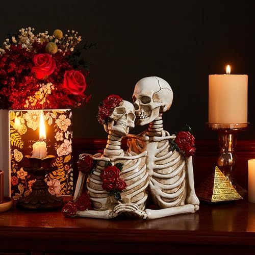 Skull Decor Halloween Decoration: Skeleton Couple Figurines Resin Gothic Statues Vintage Home Decor for Shelf Table Mantel Collectible Wedding Gift (D-Small) - Image 7