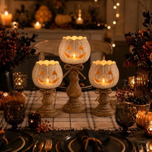 Rustic White Pumpkin Tealight Candle Holder Set, Farmhouse Halloween Pumpkin Tea Light Candle Holders Decor, Fall Tables Centerpieces for Thanksgiving & Halloween Party by Unknown
