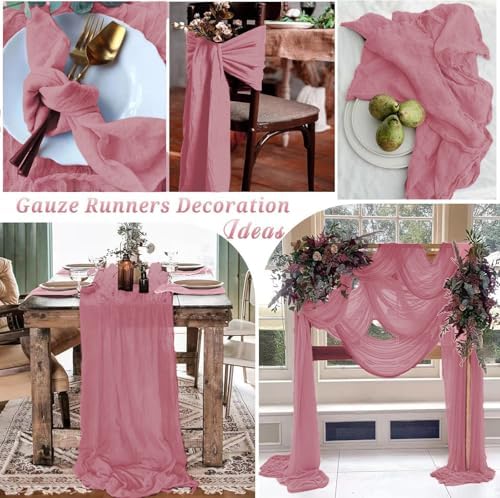 16 Pack Dusty Rose Cheesecloth Table Runner 10FT, Boho Gauze Cheese Cloth Table Runner Long Rustic Sheer Dusty Pink Table Runners for Wedding Bridal Baby Shower Birthday Party Table Decorations - Image 6