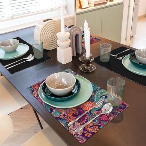 Boho Placemats Set of 6, Indian Boho Mandala Colorful Pattern Decoration, Heat Resistant Non-Slip Washable Placemats Kitchen Table Runner, 12x18 Inches - Image 4