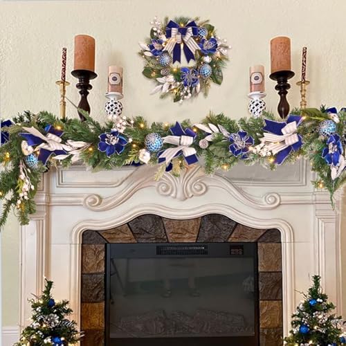 Pre-Lit Christmas Wreath for Front Door with Timer 20 Lights,Lighted Christmas Wreath Silver Blue Xmas Ball for Fireplace Window Outdoor Table Centerpiece Holiday Decoration,Magnolia Winter wreath-20 - Image 2