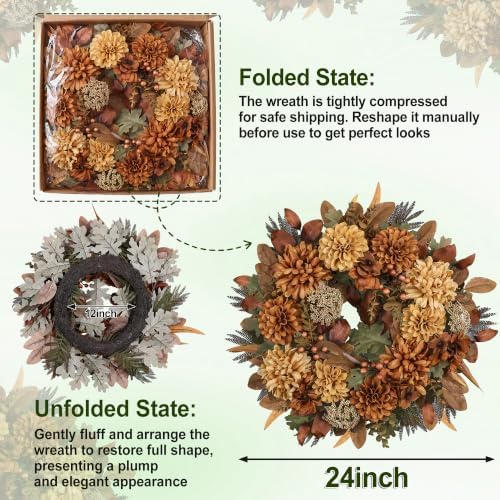 24" Fall Wreaths for Front Door with Mums Dahlias Queen Anne's Lace - Image 3