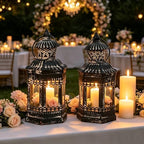 Set of 2 Black Distressed Metal Lanterns, Vintage Farmhouse Decorative Wind Lights, Rustic Hanging Candle Holders Lantern for Christmas, Mantel, Tabletop - Image 2