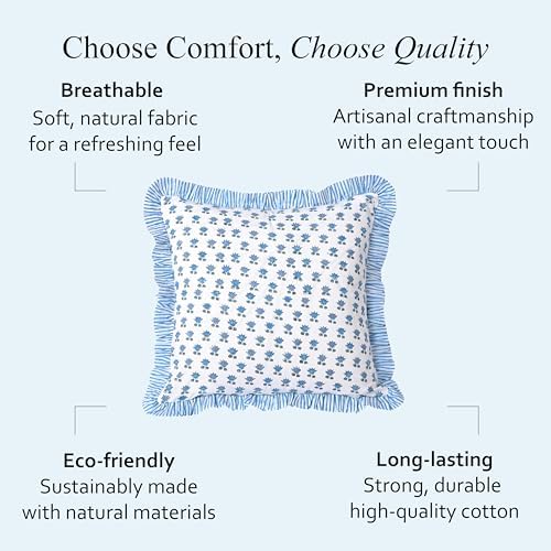 CPC Arctic Blue Hand Block Print 100% Cotton Ruffle Throw Pillow Cover 20x20 inch with Hidden Zipper Decorative for Couch, Bed, Sofa, Farmhouse, Cottagecore Decor Gift Christmas Fall Thanksgiving - Image 6