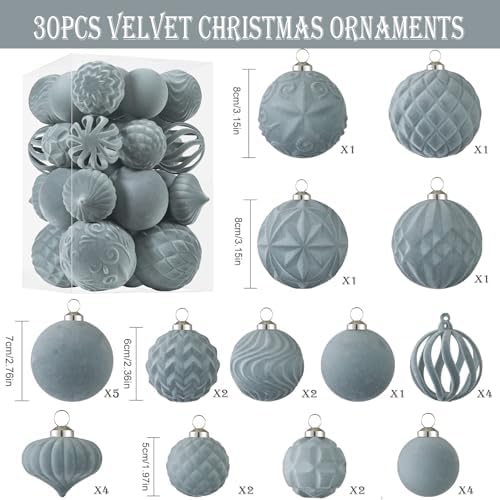 30pcs Velvet Christmas Ball Ornaments, Flocked Shatterproof Christmas Ornaments Hanging Xmas Tree Decorations Set for Home Party Holiday Decor (Multi-Size, Grey) - Image 2
