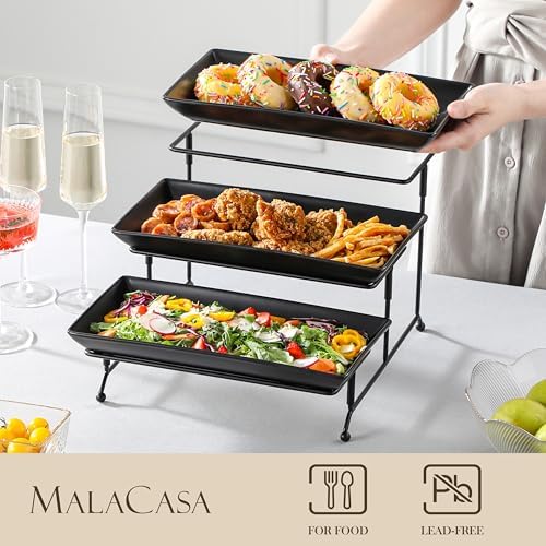 MALACASA 3 Tier Serving Tray, Porcelain Tiered Serving Trays Platters, 12 Inch Serving Stand with Platters,Black Dessert Stand with Collapsible Sturdier Metal Rack,Series PLAT - Image 3