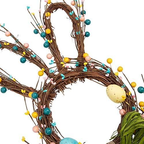 27 Inch Artificial Easter Wreath for Front Door Rabbit Wreath with Pastel Eggs and Mixed Twigs Spring Bunny with Raffia Bow for Easter Decorations - Image 3