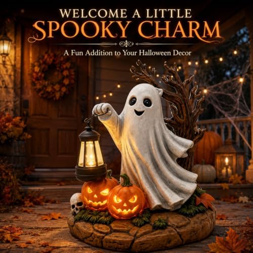 Solar Halloween Ghost Figurine Light, Lighted Resin Ghost Statue with Lantern and Pumpkins, Outdoor Garden Decor for Porch, Yard and Patio, Seasonal Landscape Decoration - Image 2