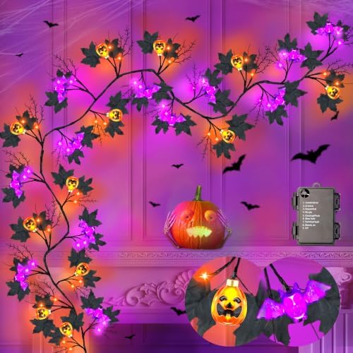 9FT 72 LED Halloween Willow Vine Twig Decor Black Halloween Garland with Pumpkin Bat Orange & Purple Light, 8 Modes Waterproof Battery Operated Halloween Lights Indoor Halloween Decorations Wall Table by REGTEB