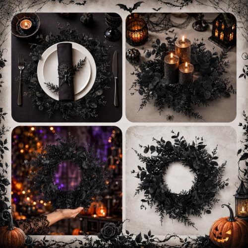 Halloween Placemats Set of 6 Artificial Black Round Wreath Charger - Image 6