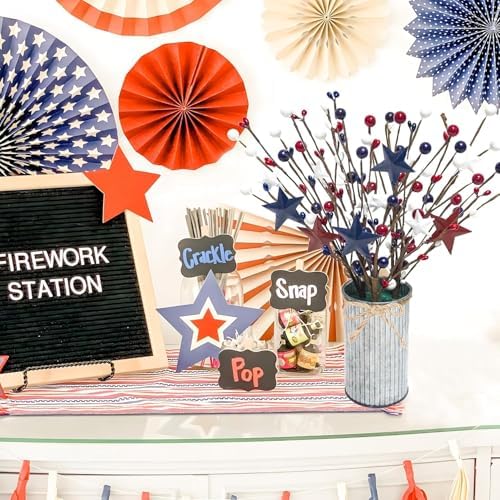 Uieke 4th of July Decorations 6PCS Artificial Patriotic Floral Picks with Vase, Artificial Berry Stem Picks Star Shaped for Independence Day Red White Blue Decor for Home Office Wedding Centerpieces - Image 2
